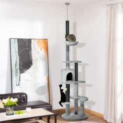 Kratzbaum Deckenhoch, 225-255 cm Katzenbaum mit Katzenhöhle, Korb, Grau