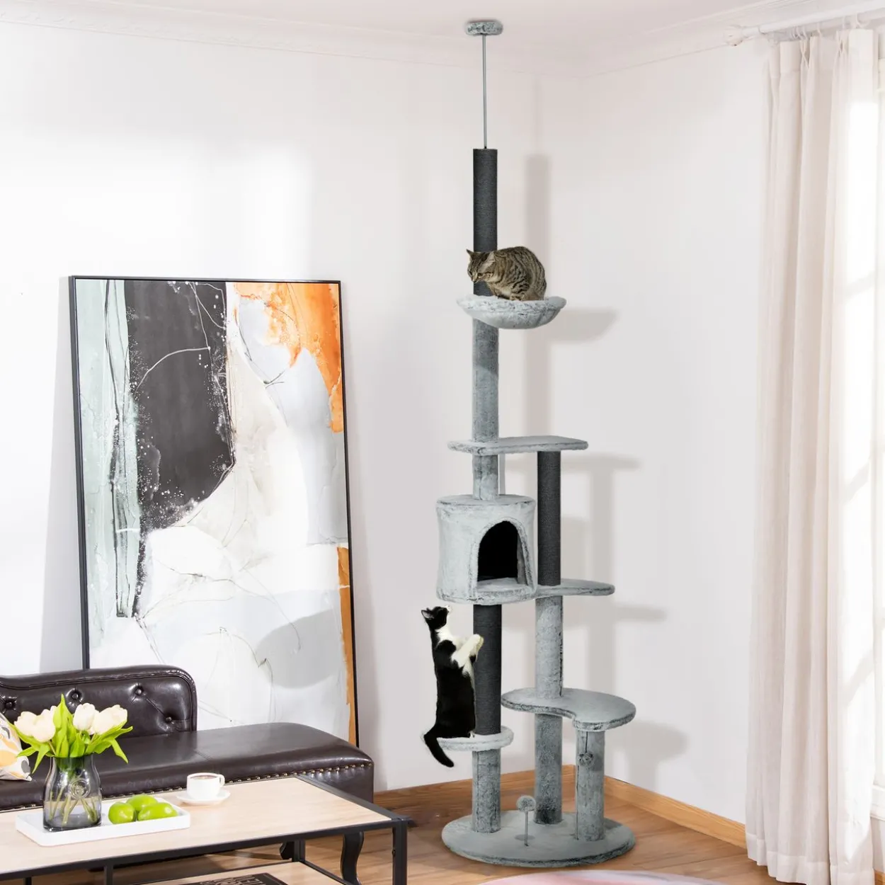 Kratzbaum Deckenhoch, 225-255 cm Katzenbaum mit Katzenhöhle, Korb, Grau