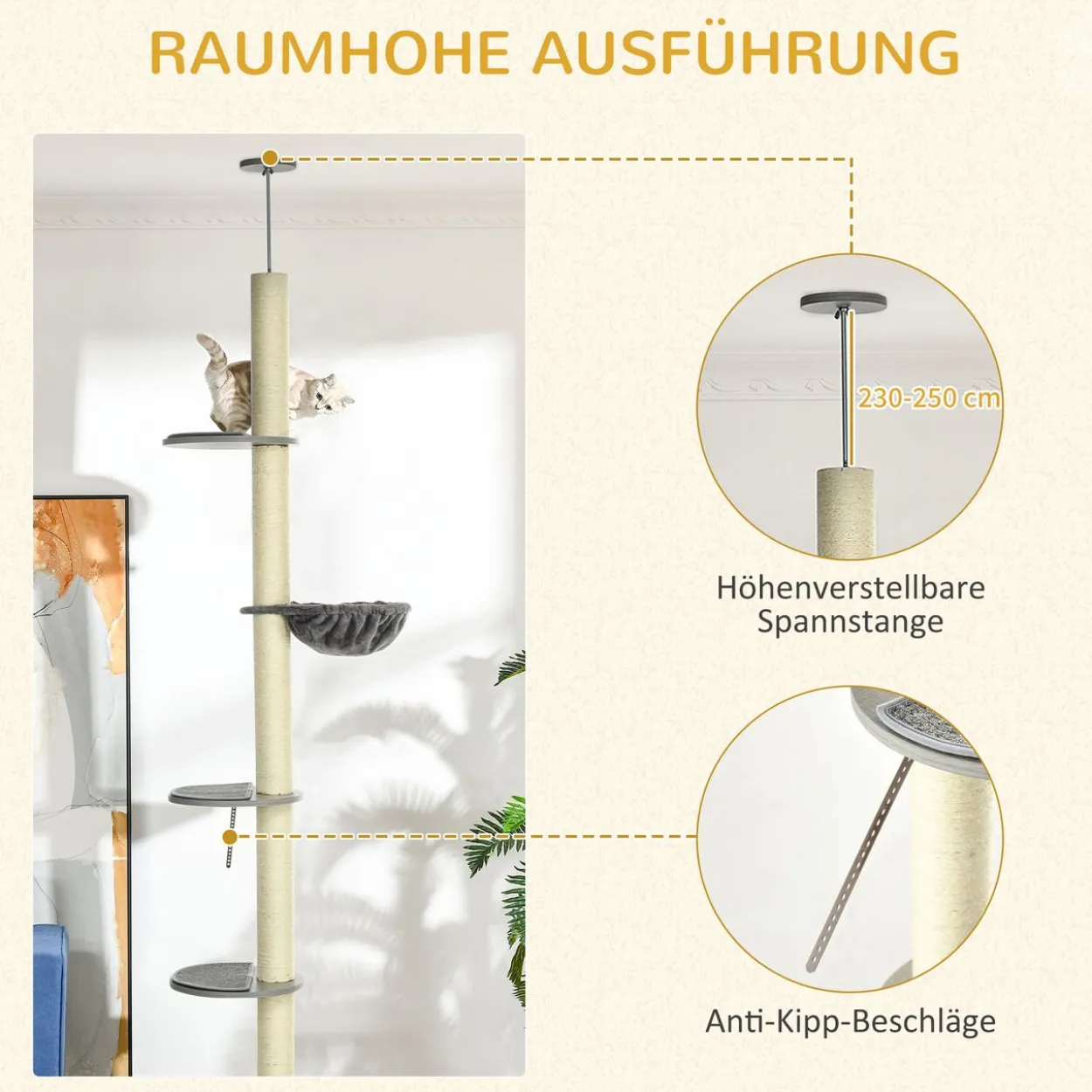 Kratzbaum, Katzenbaum Deckenhoch, Katzenkratzbaum, Höhenverstellbar