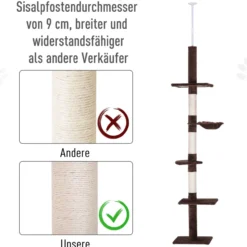 Kratzbaum mit Sisalsäulen Deckenhoch höhenverstellbar, Braun, 40 x 34 x 230-260 cm
