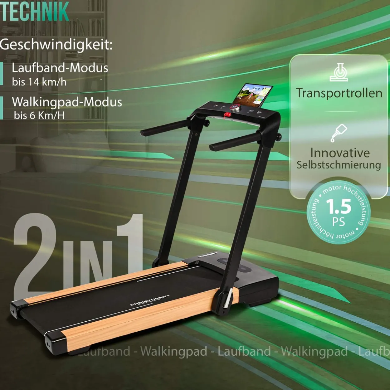 Laufband und Walking Pad 2 in 1 Holzoptik