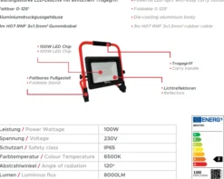 LED Arbeitsleuchte, Baustrahler, verstellbar, faltbar, 100W, 8000lm, 6500K, IP65, 3m Gummikabel