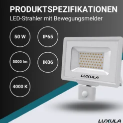 LED-Fluter mit Bewegungsmelder, 50 W, 4000 K (neutralweiß), 5000 lm, weiß, IP65