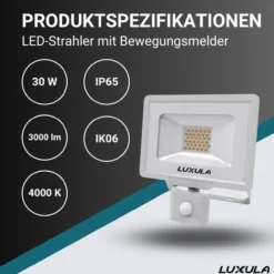 LED-Fluter mit Bewegungsmelder, 30 W, 4000 K (neutralweiß), 3000 lm, weiß, IP65