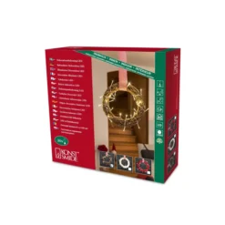 LED Holzsilhouette "Kranz", braun, mit rot-weißem Stoffband, 30 warmweiße Dioden, 24V Innentrafo