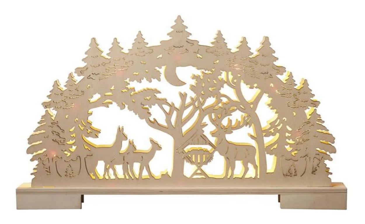 LED-Schwibbogen aus Holz - Wald mit Futterkrippe