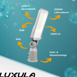 LED Straßenleuchte, grau, 100 W, 12000 lm, 4000 K (neutralweiß), IP65, Wand- und Mastmontage