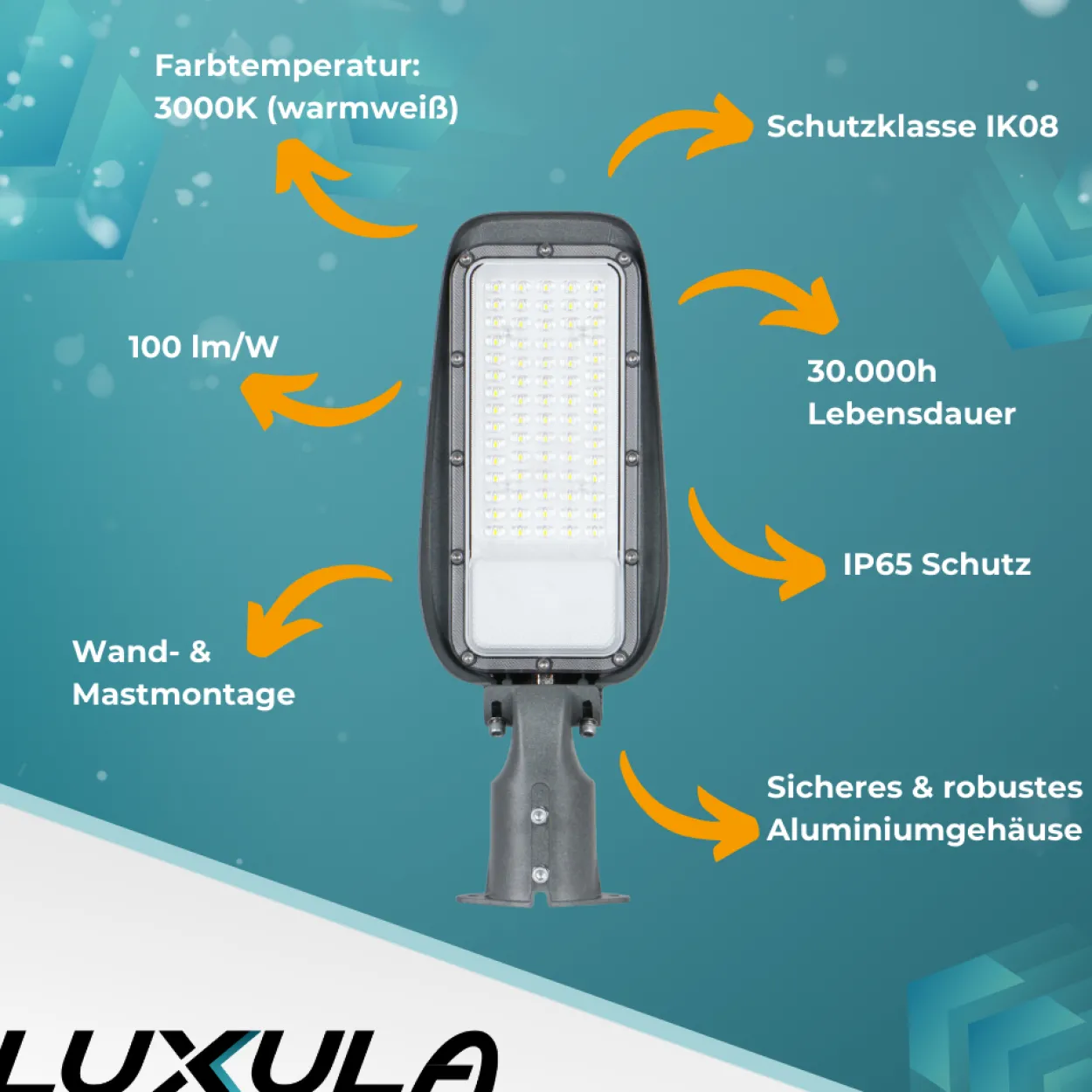 LED Straßenleuchte, 150 W, 3000 K (warmweiß), 15000 lm, grau, IP65, Wand- und Mastmontage