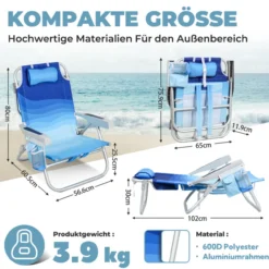 Leicht Strandstuhl bis 136kg, mit Kühltasche und Aufbewahrungstasche, 9-fach Verstellbar