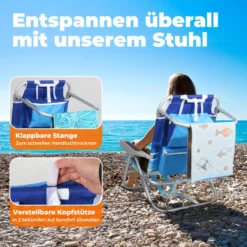 Leicht Strandstuhl, mit Kühltasche und Aufbewahrungstasche, 5-fach Verstellbar,Welle