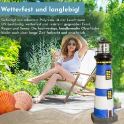 Lemodo Gartendeko Leuchtturm mit Solar blau/weiß, handbemalte Gartenfigur 83 cm hoch