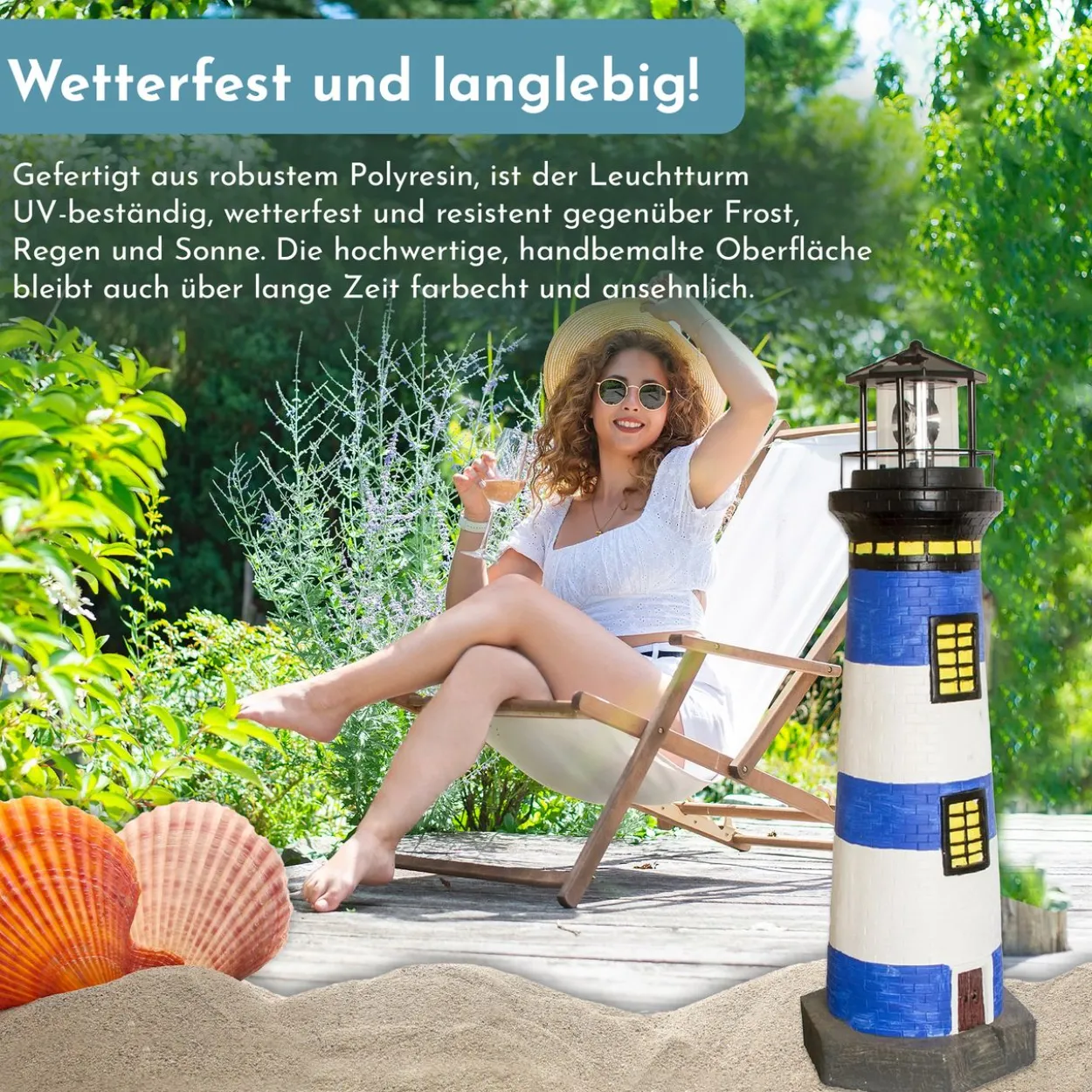 Lemodo Gartendeko Leuchtturm mit Solar blau/weiß, handbemalte Gartenfigur 83 cm hoch