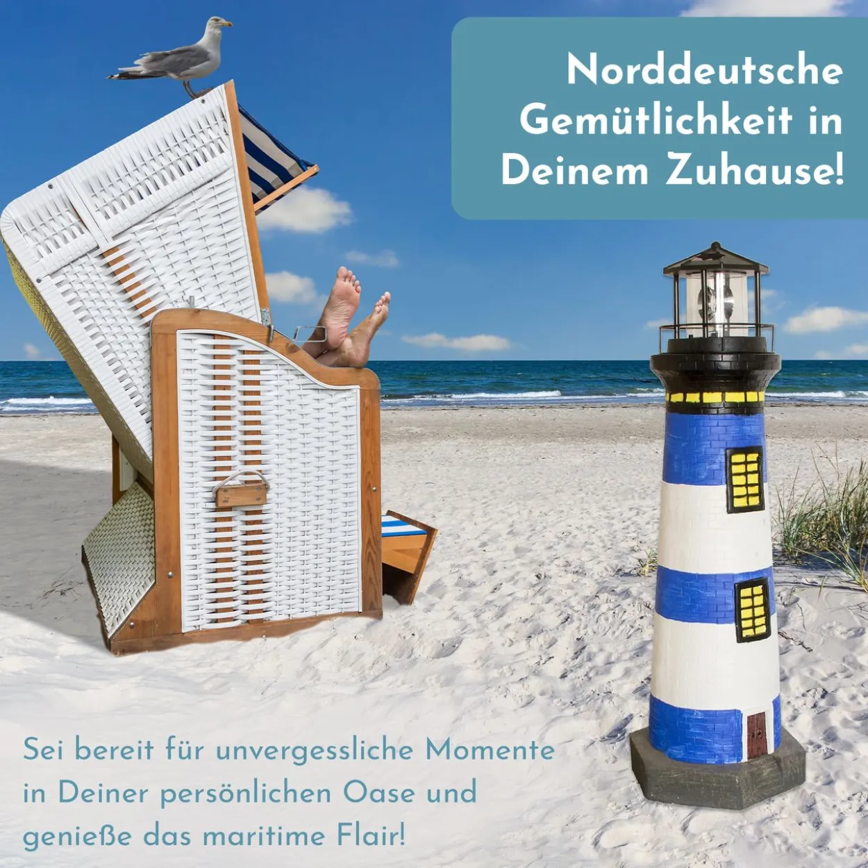 Lemodo Gartendeko Leuchtturm mit Solar blau/weiß, handbemalte Gartenfigur 83 cm hoch