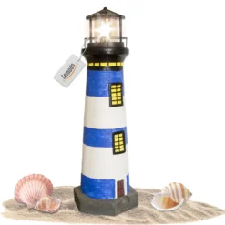 Lemodo Gartendeko Leuchtturm mit Solar blau/weiß, handbemalte Gartenfigur 83 cm hoch