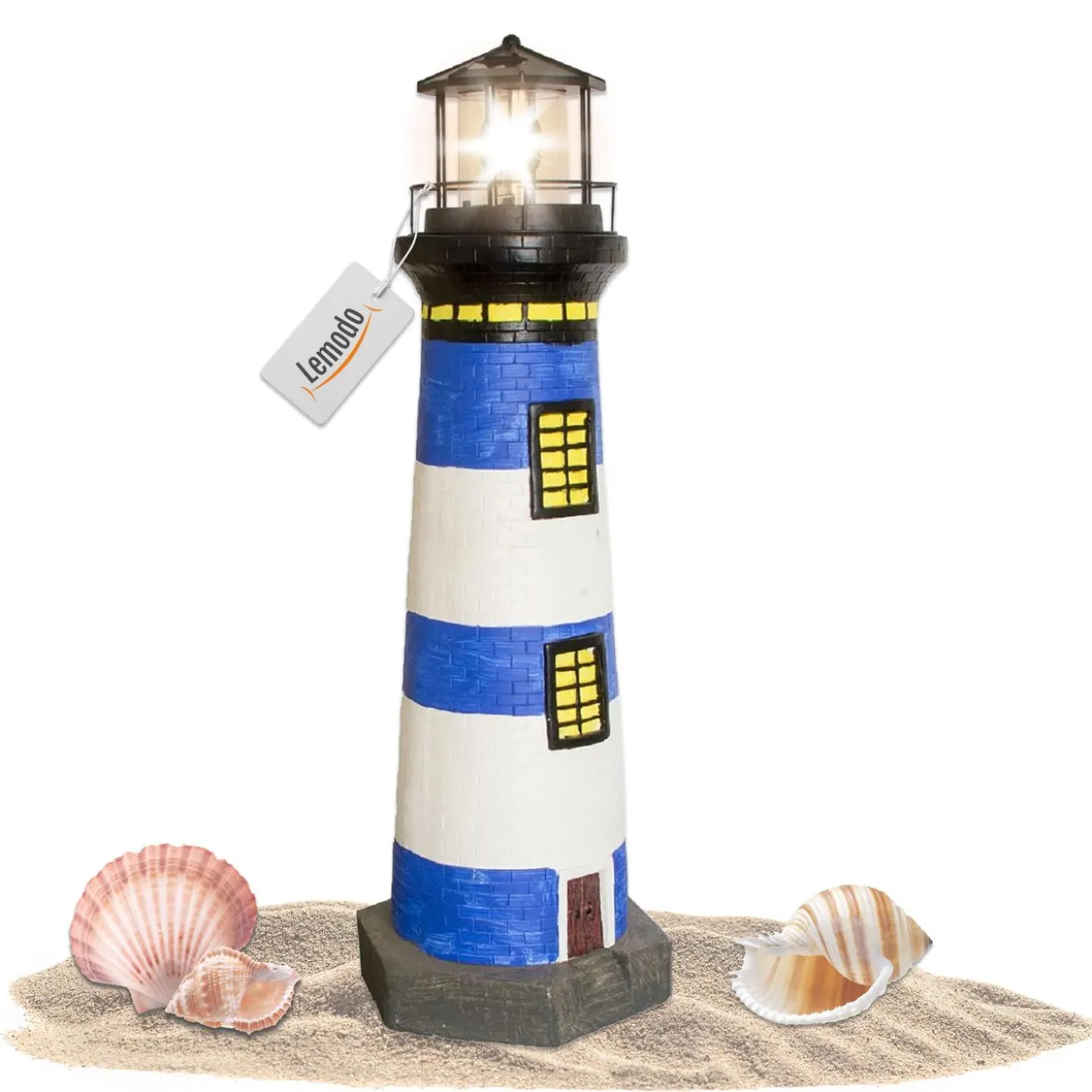 Lemodo Gartendeko Leuchtturm mit Solar blau/weiß, handbemalte Gartenfigur 83 cm hoch
