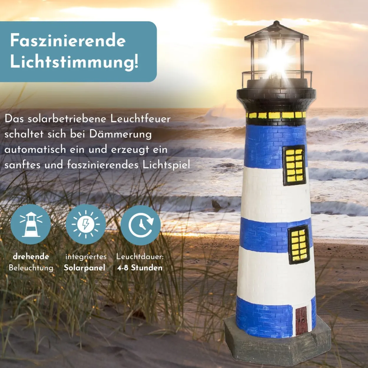 Lemodo Gartendeko Leuchtturm mit Solar blau/weiß, handbemalte Gartenfigur 83 cm hoch