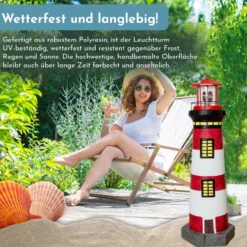 Lemodo Gartendeko Leuchtturm mit Solar rot/weiß, handbemalte Gartenfigur ca. 83 cm