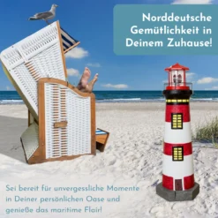 Lemodo Gartendeko Leuchtturm mit Solar rot/weiß, handbemalte Gartenfigur ca. 83 cm
