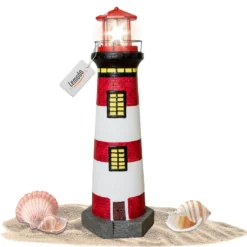 Lemodo Gartendeko Leuchtturm mit Solar rot/weiß, handbemalte Gartenfigur ca. 83 cm