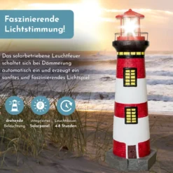 Lemodo Gartendeko Leuchtturm mit Solar rot/weiß, handbemalte Gartenfigur ca. 83 cm