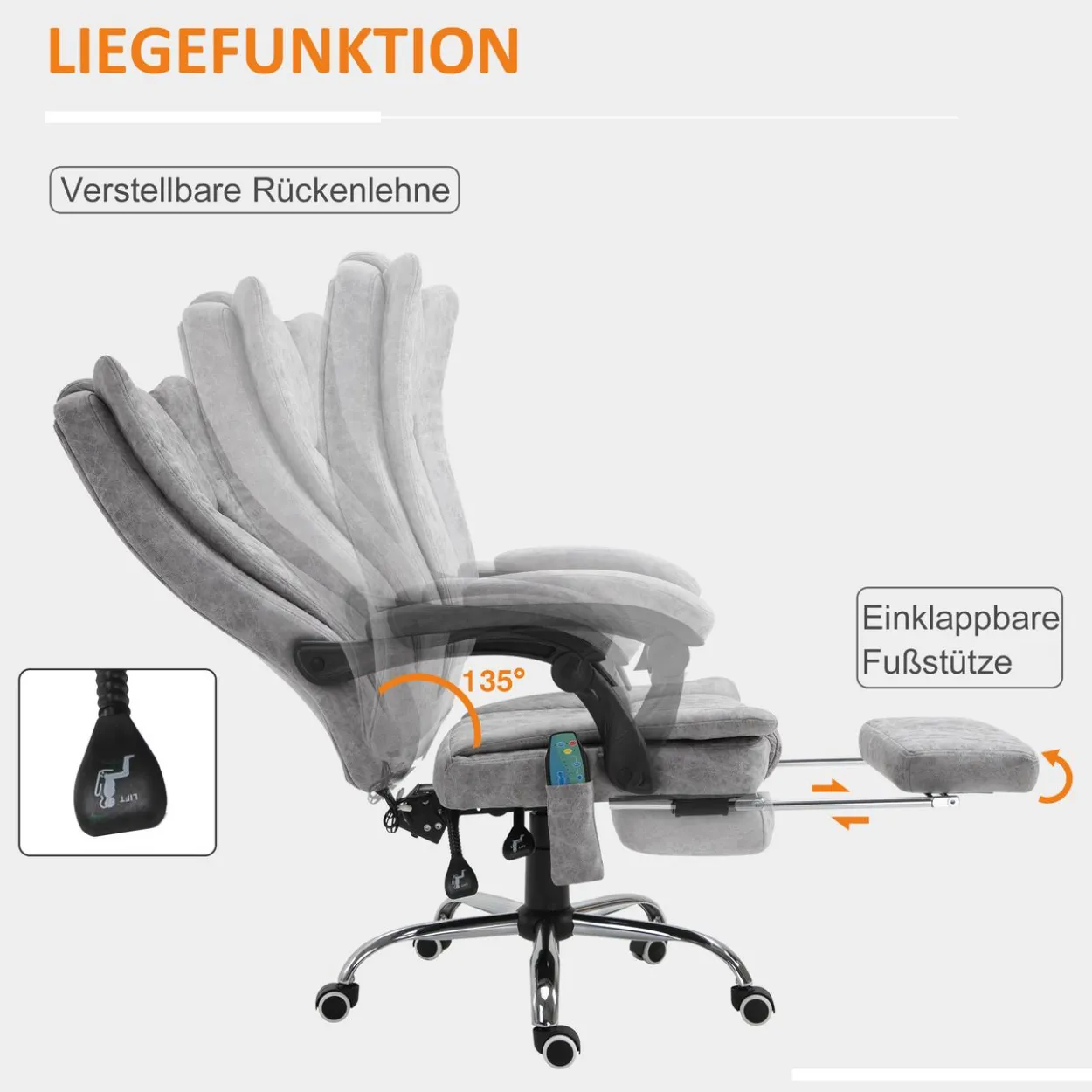 Massage Stuhl Bürostuhl Heizfunktion Liegefunktion Grau