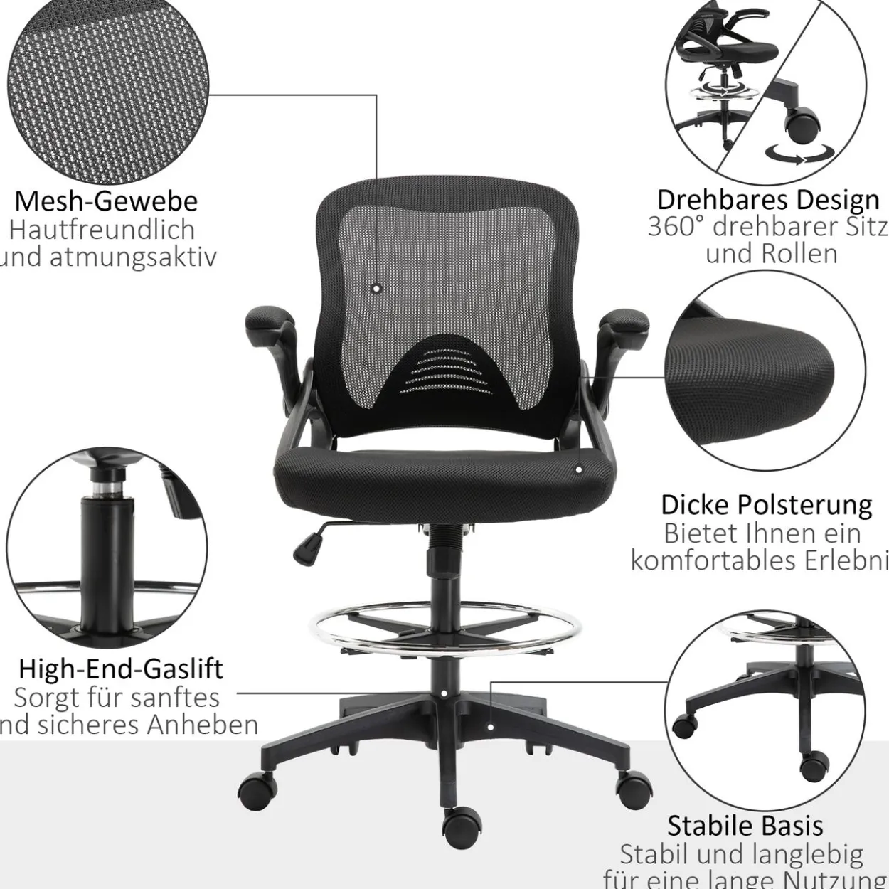 Mesh Ergonomischer Bürostuhl mit Rollen drehbar, schwarz