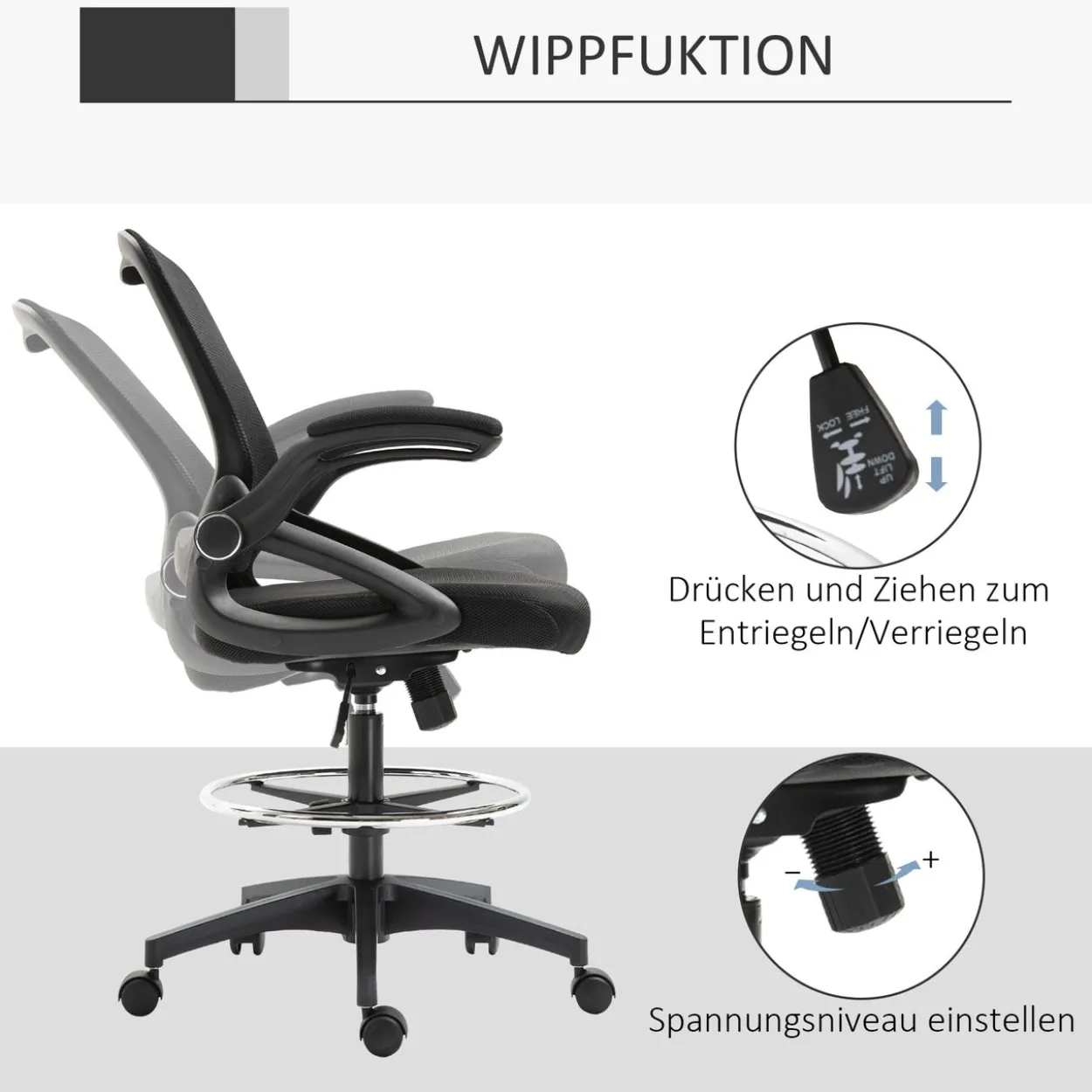 Mesh Ergonomischer Bürostuhl mit Rollen drehbar, schwarz