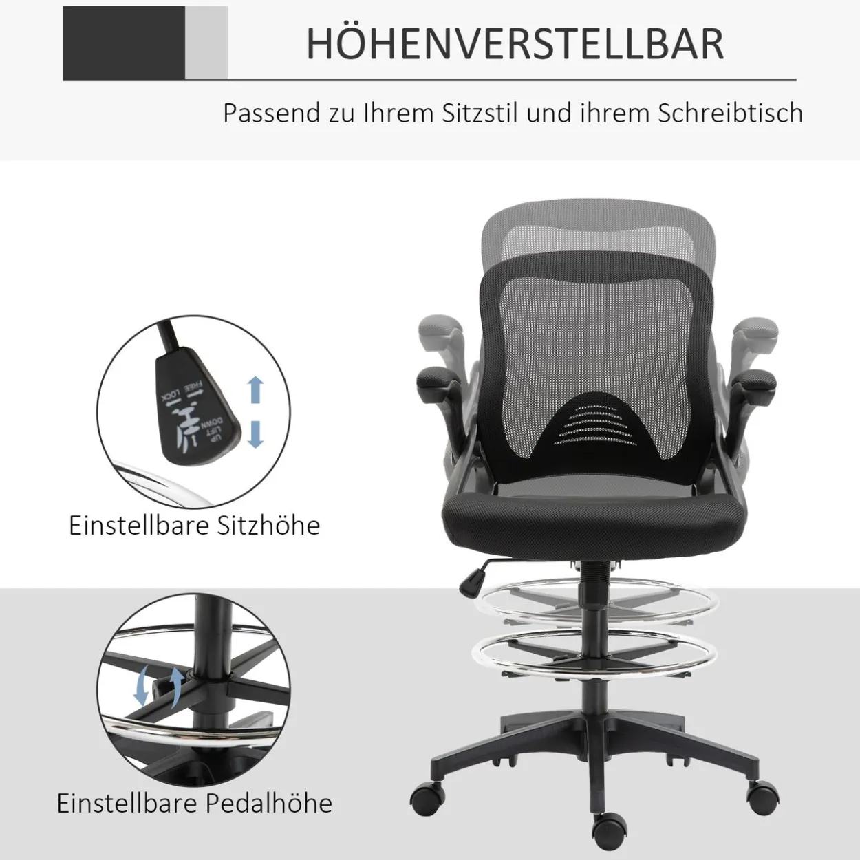 Mesh Ergonomischer Bürostuhl mit Rollen drehbar, schwarz