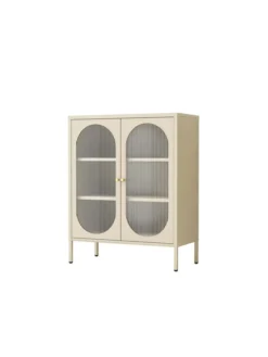 Metallschrank Sideboard mit Sicherheitsglas-Türen MORU, ca. 110 x 80 x 40 cm - Creme