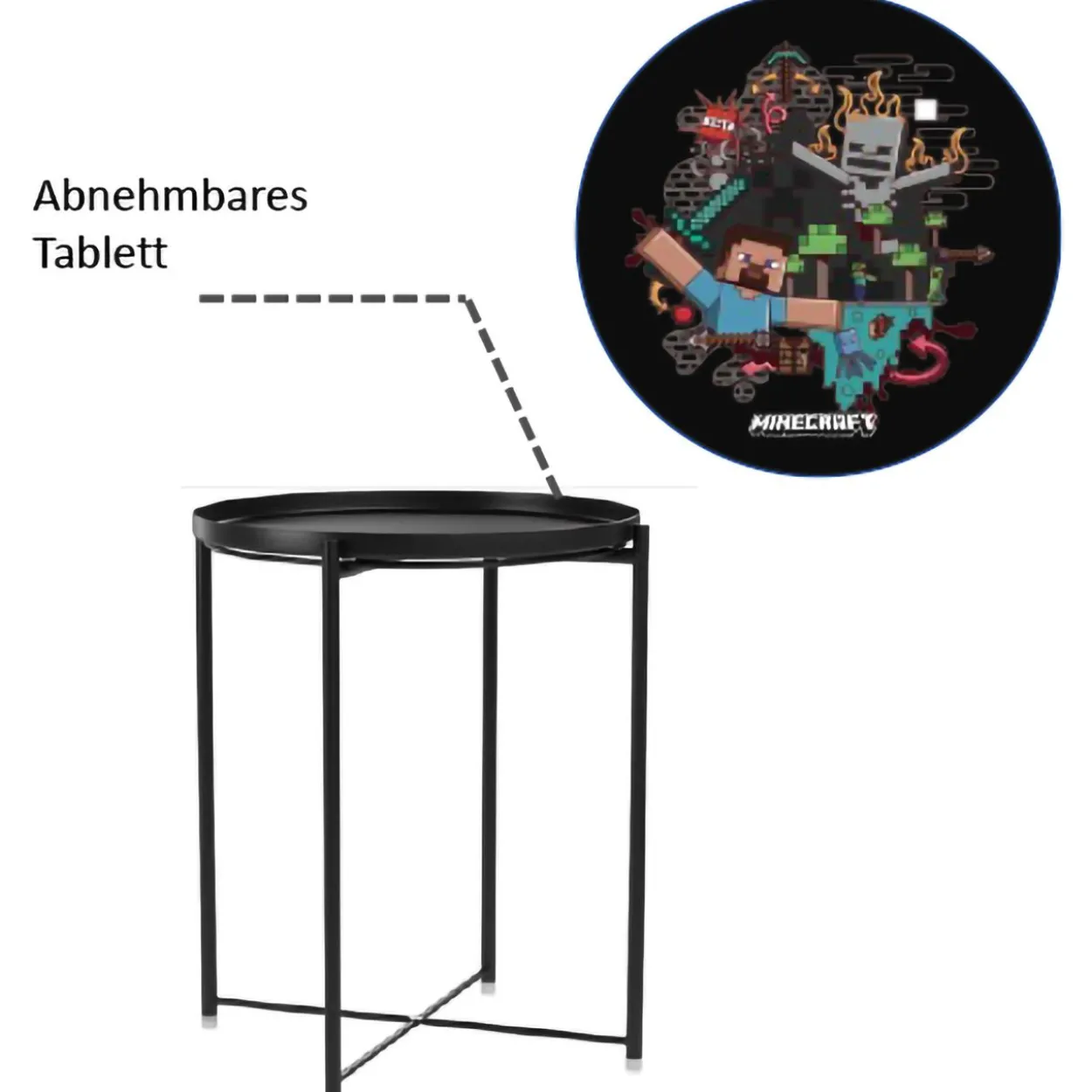 MINECRAFT - runder Beistelltisch mit abnehmbaren Tablett
