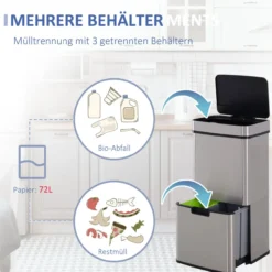 Mülleimer Abfalleimer mit Sensor 72 l Mülltrennsystem 3 Fächer Edelstahl Silber 42 x 30 x 81 cm