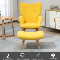 Ohrensessel mit Hocker, Relaxsessel, Polstersessel in Cord-Optik, Gelb