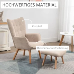 Ohrensessel mit Hocker, Relaxsessel, Polstersessel in Cord-Optik, Beige