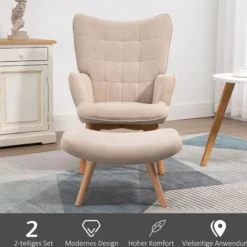 Ohrensessel mit Hocker, Relaxsessel, Polstersessel in Cord-Optik, Beige