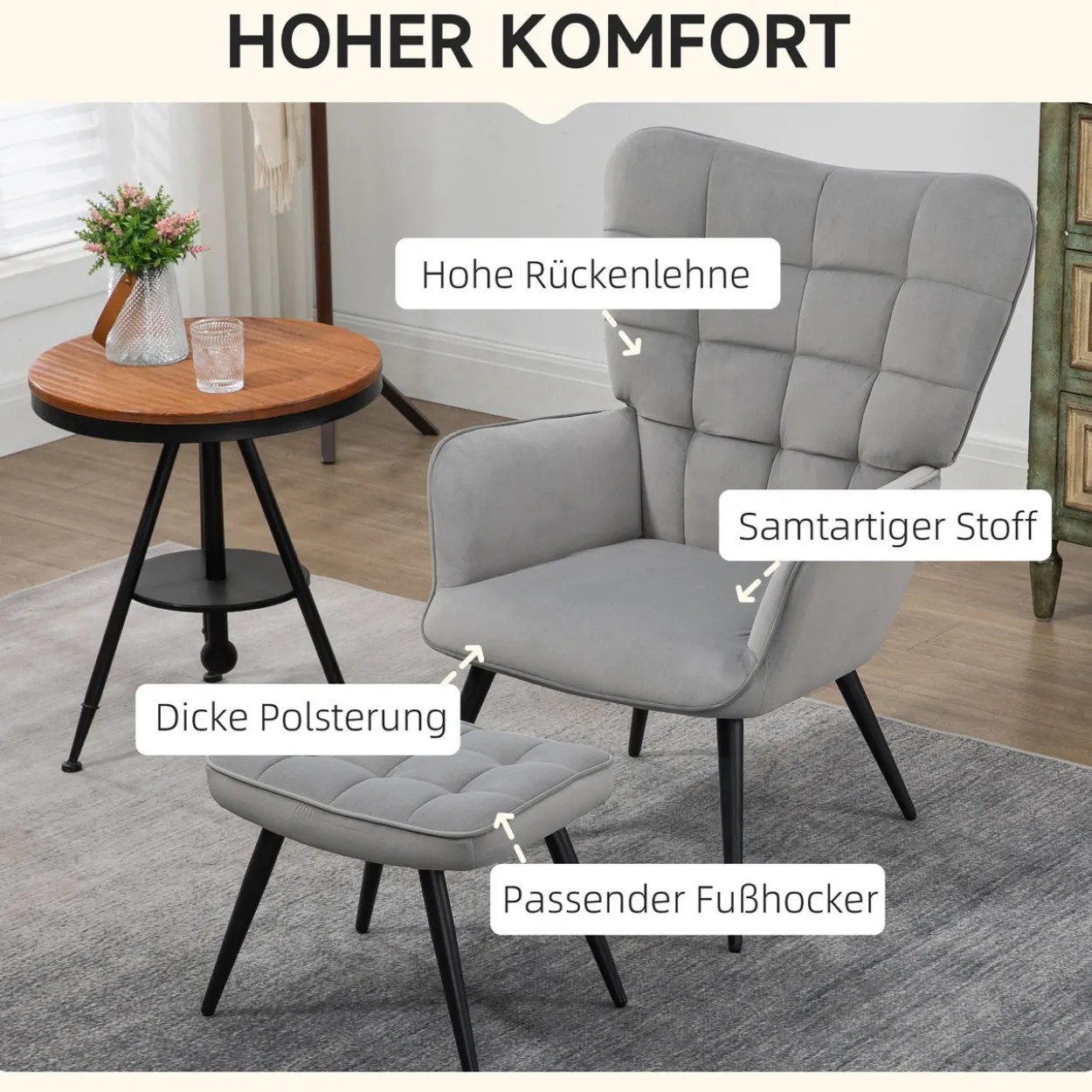 Ohrensessel mit Hocker, Relaxsessel, Loungesessel mit Samtoptik