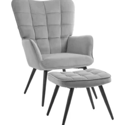 Ohrensessel mit Hocker, Relaxsessel, Loungesessel mit Samtoptik