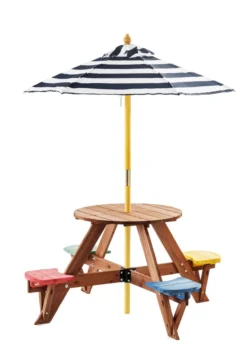 Outdoor Kindersitzgruppe aus Tannenholz inkl. Schirm, ca. 120 x 120 x 57 cm - Bunt