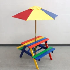 Outdoor Kindersitzgruppe aus Tannenholz inkl. Schirm, ca. 71 x 79 x 54 cm - Bunt