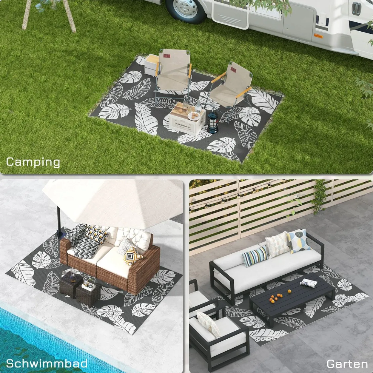 Outdoor-Teppich, Campingteppich mit Doppelseitigem Design für Balkon