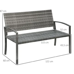Outsunny Gartenbank, 2-Sitzer Sitzbank in Rattanoptik Parkbank bis 320 kg Stahl