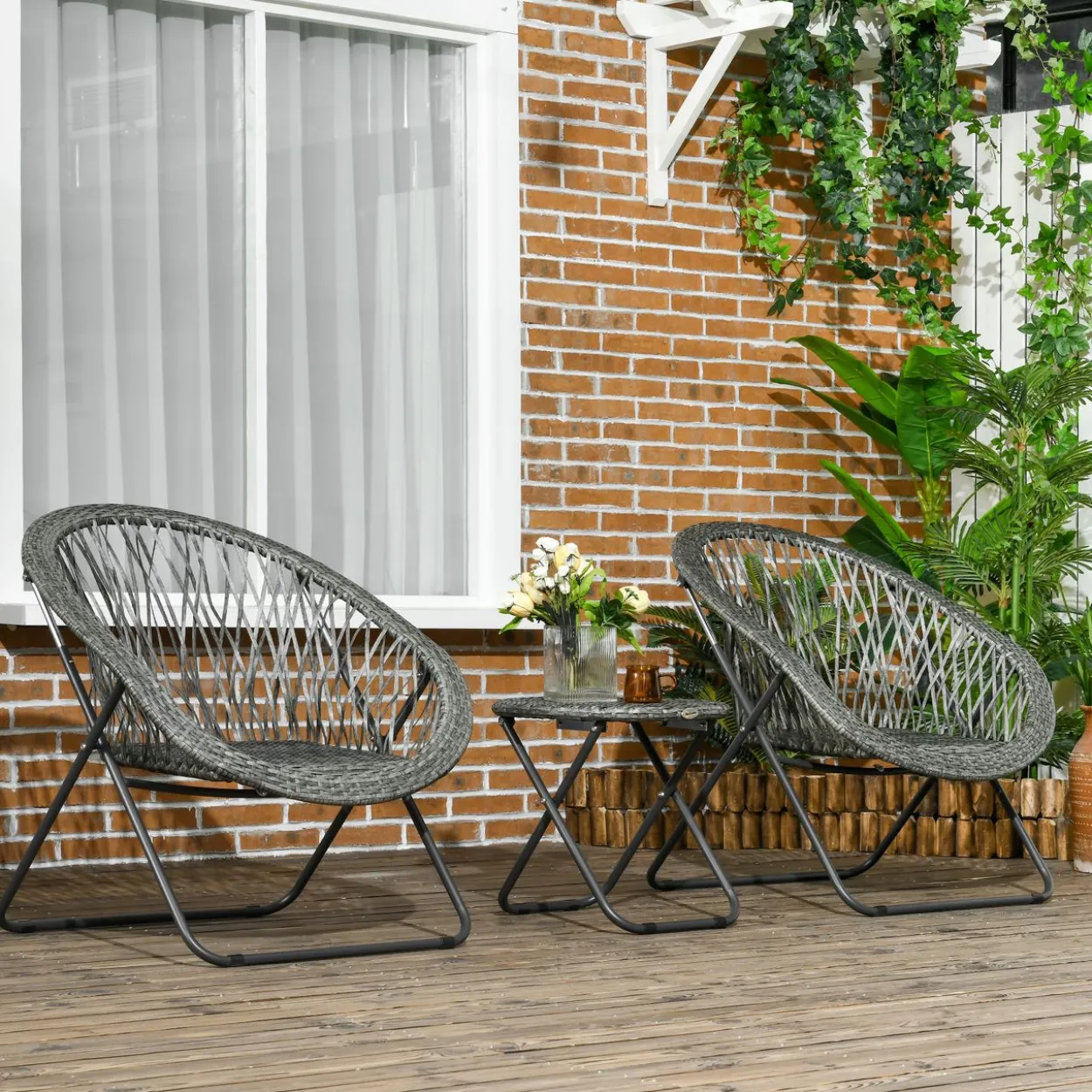 Outsunny Gartenmöbel-Set 3-tlg., Gartengarnitur mit Couchtisch, 2 Stühlen, Grau