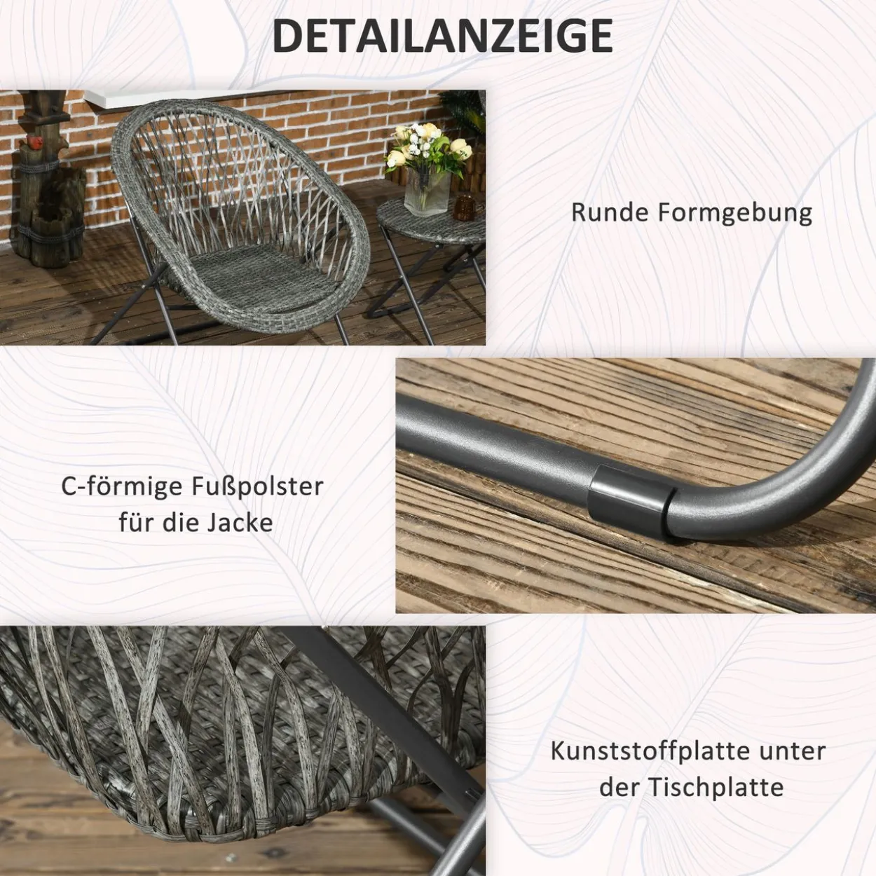 Outsunny Gartenmöbel-Set 3-tlg., Gartengarnitur mit Couchtisch, 2 Stühlen, Grau