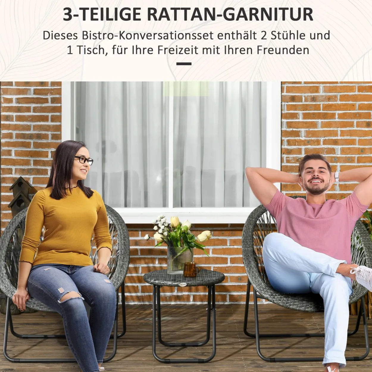 Outsunny Gartenmöbel-Set 3-tlg., Gartengarnitur mit Couchtisch, 2 Stühlen, Grau
