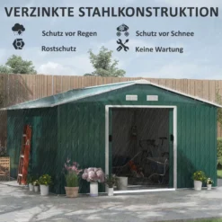 Outsunny Gerätehaus 12,4 m² Gartenhaus mit Pultdach, Schiebetür, Fundament Grün