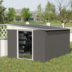 Outsunny 8,9 ㎡ Gerätehaus Stahl-Geräteschuppen mit Pultdach, Schiebetür, Grau