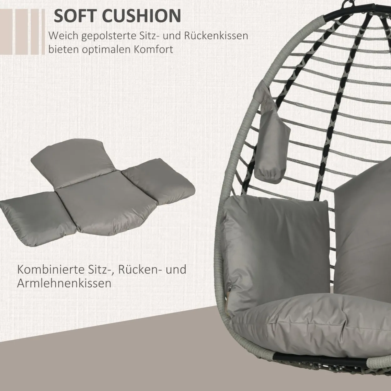 Outsunny Hängesessel, Hängeschaukel mit Becherhalter, Klappbarem Sitzkorb, Grau