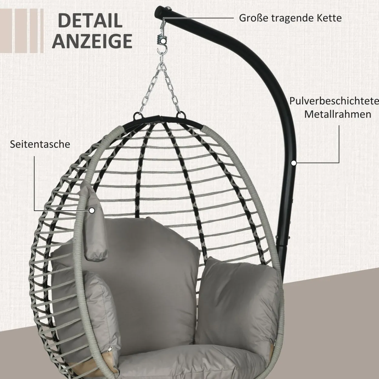 Outsunny Hängesessel, Hängeschaukel mit Becherhalter, Klappbarem Sitzkorb, Grau