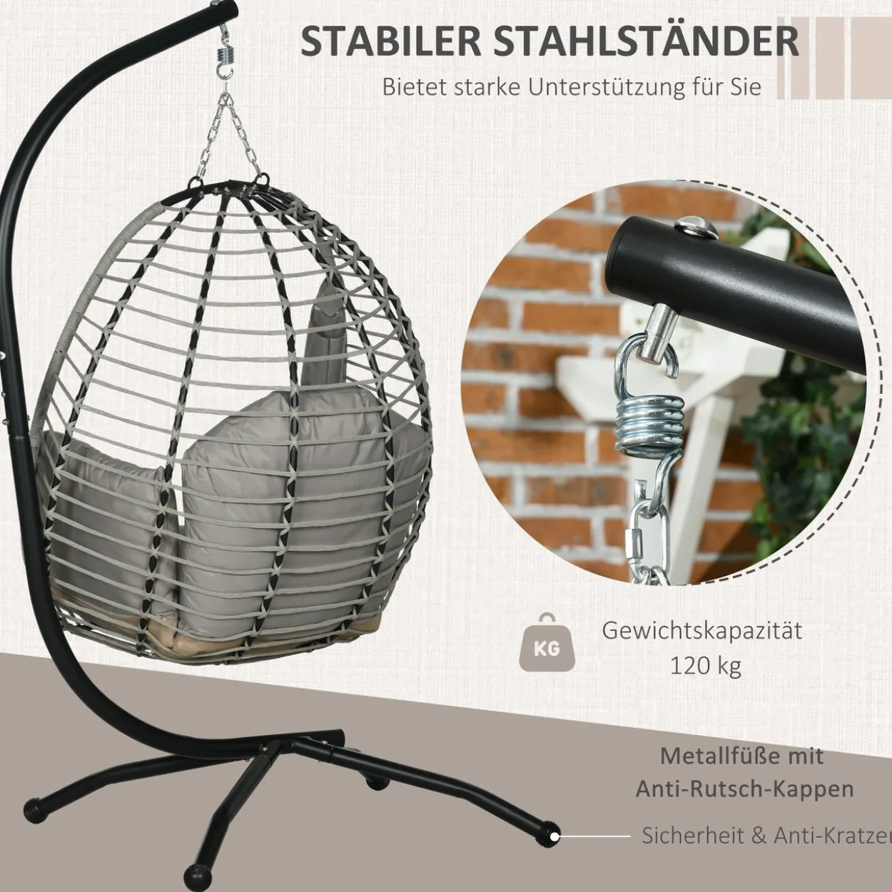 Outsunny Hängesessel, Hängeschaukel mit Becherhalter, Klappbarem Sitzkorb, Grau