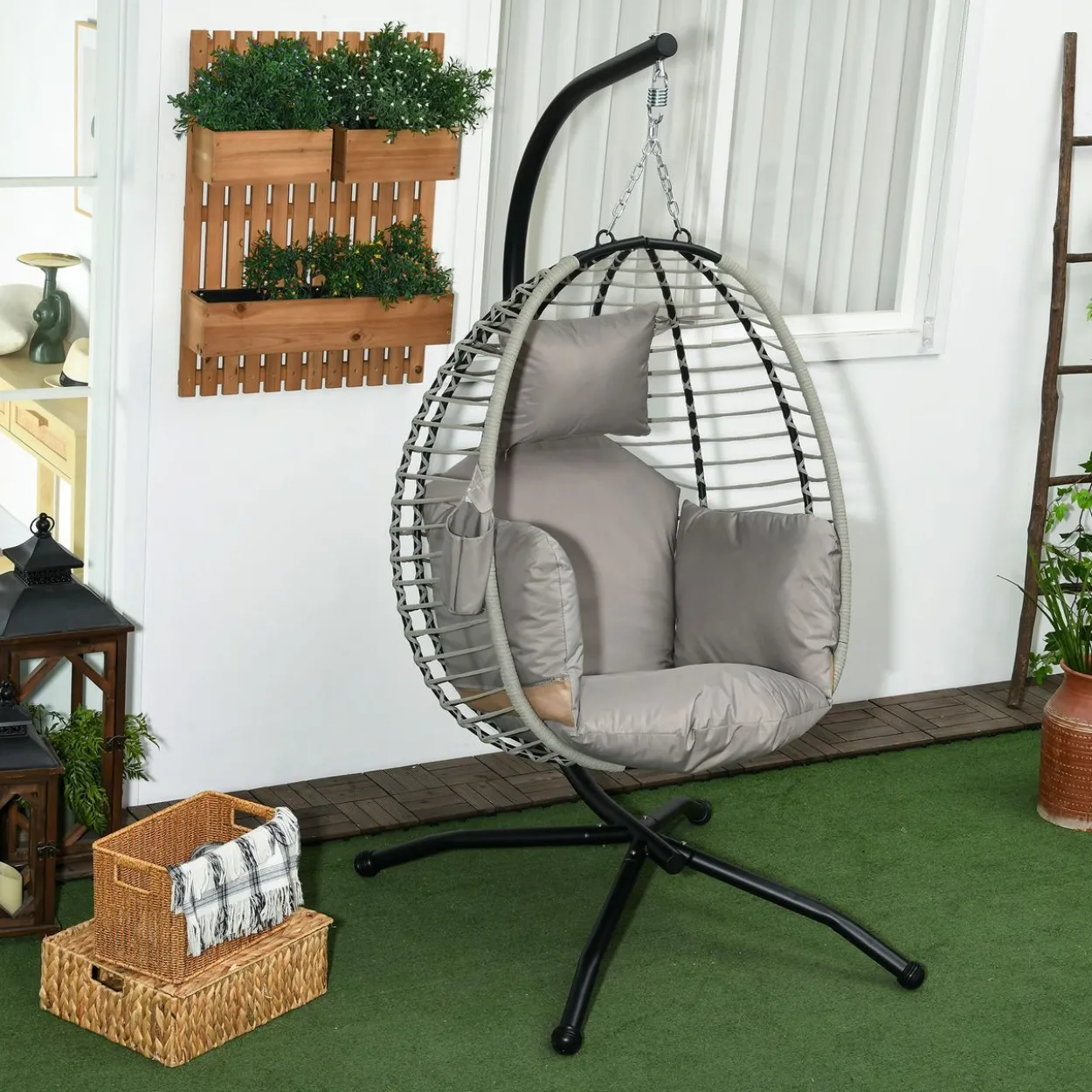 Outsunny Hängesessel, Hängeschaukel mit Becherhalter, Klappbarem Sitzkorb, Grau