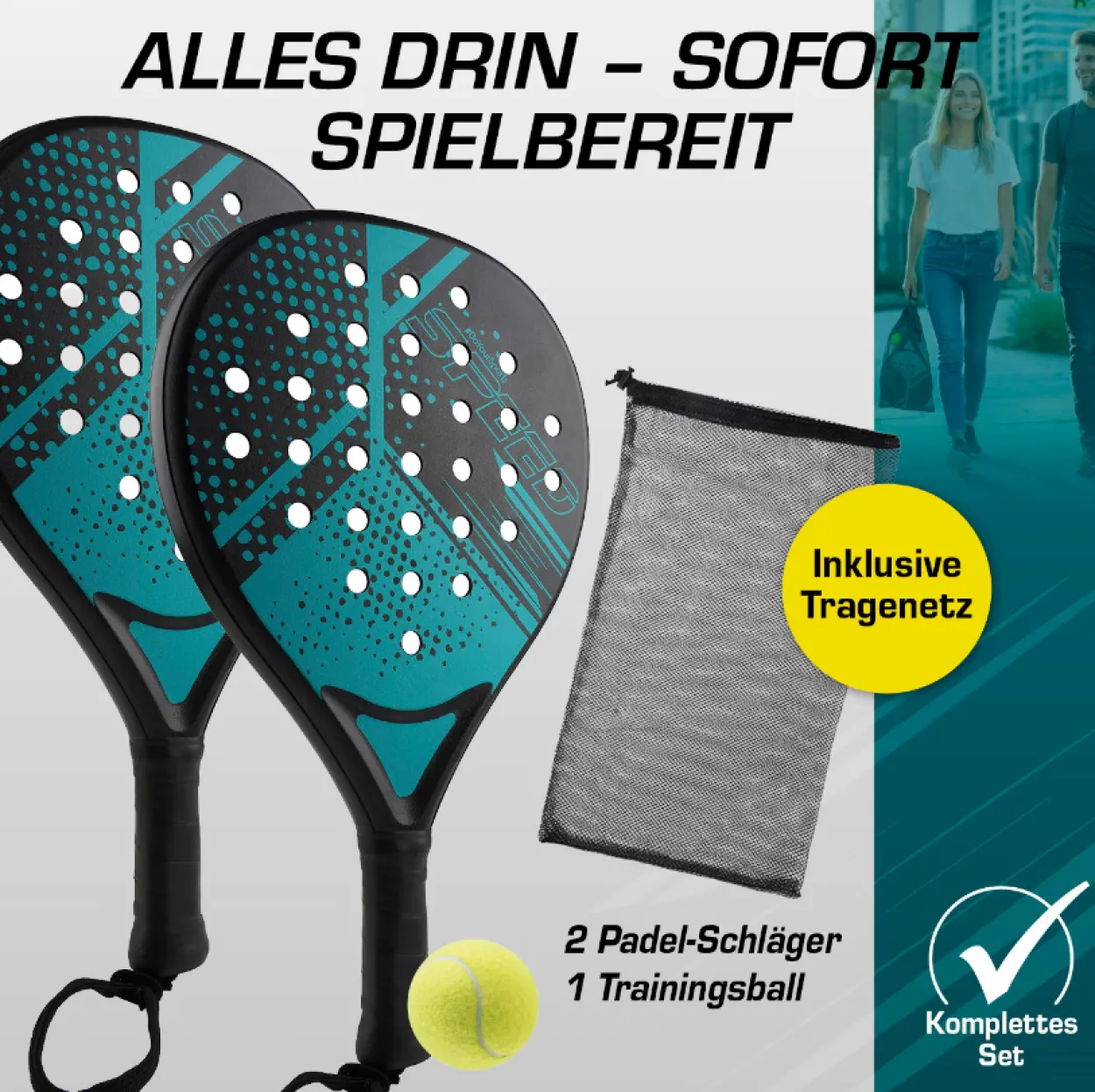 Padelschläger 46,5cm schwarz Starter Set - 4tlg.
